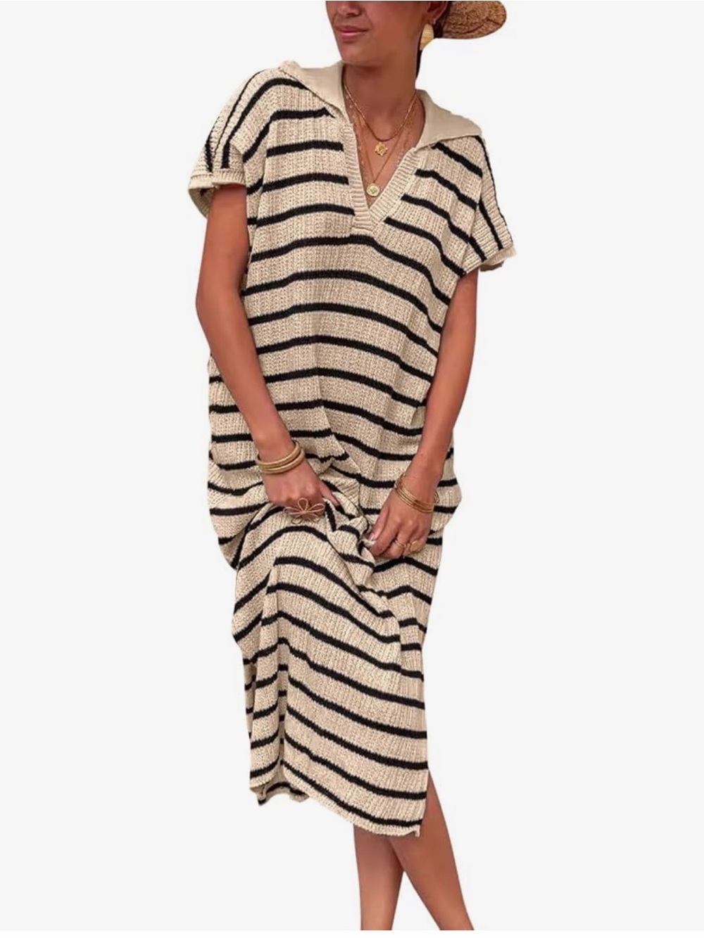 Striped Knit Hooded Maxi Dress in Cream and Black